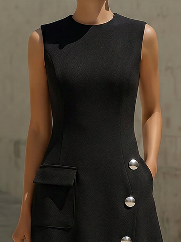 Muse & Valeur | Sleeveless Tailored Midi Dress With Silver Buttons And Pocket