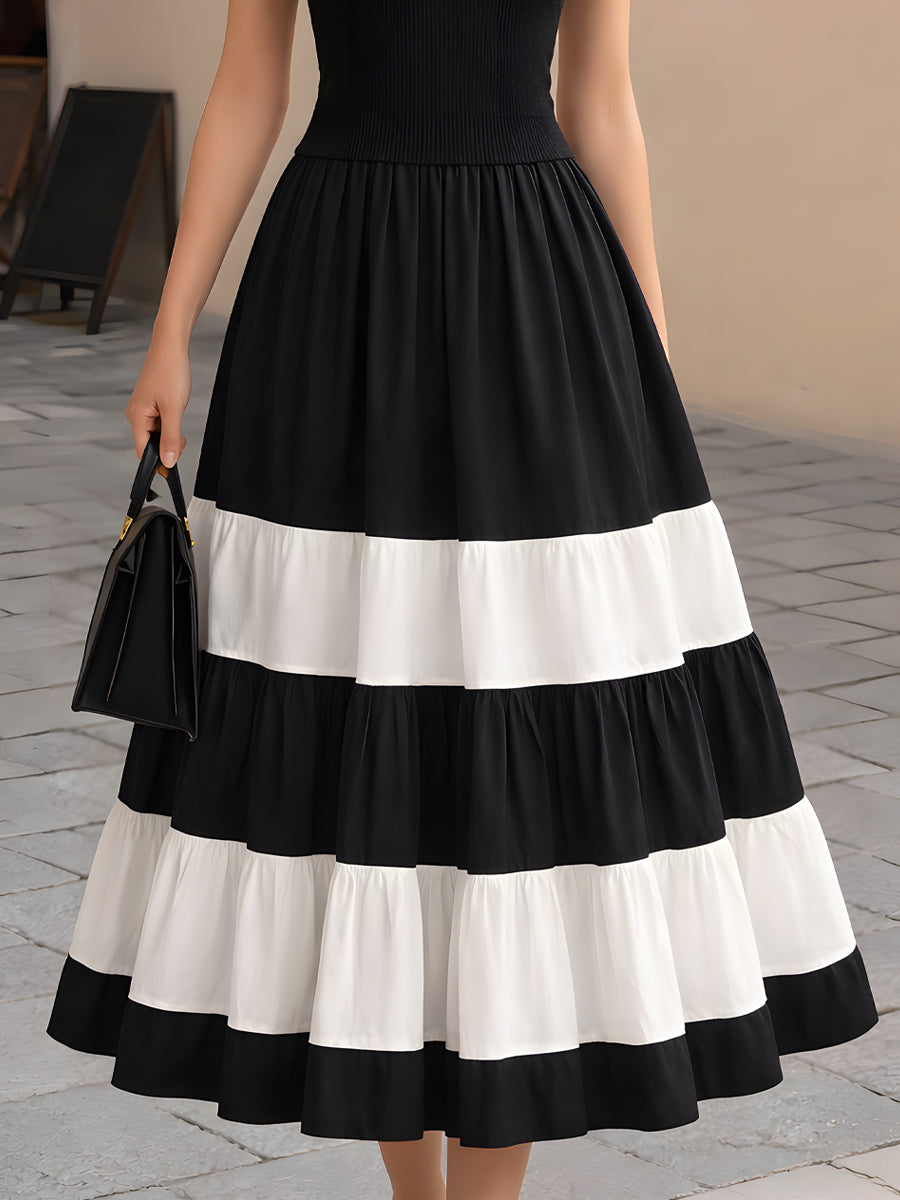 Muse & Valeur | High-Neck Ribbed Knit Contrast Tiered Maxi Dress