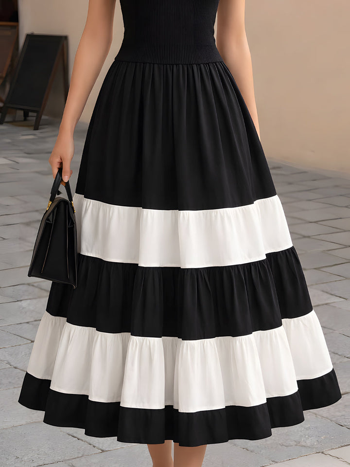 Muse & Valeur | High-Neck Ribbed Knit Contrast Tiered Maxi Dress