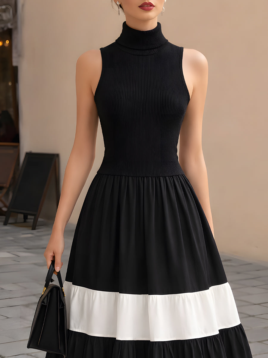 Muse & Valeur | High-Neck Ribbed Knit Contrast Tiered Maxi Dress