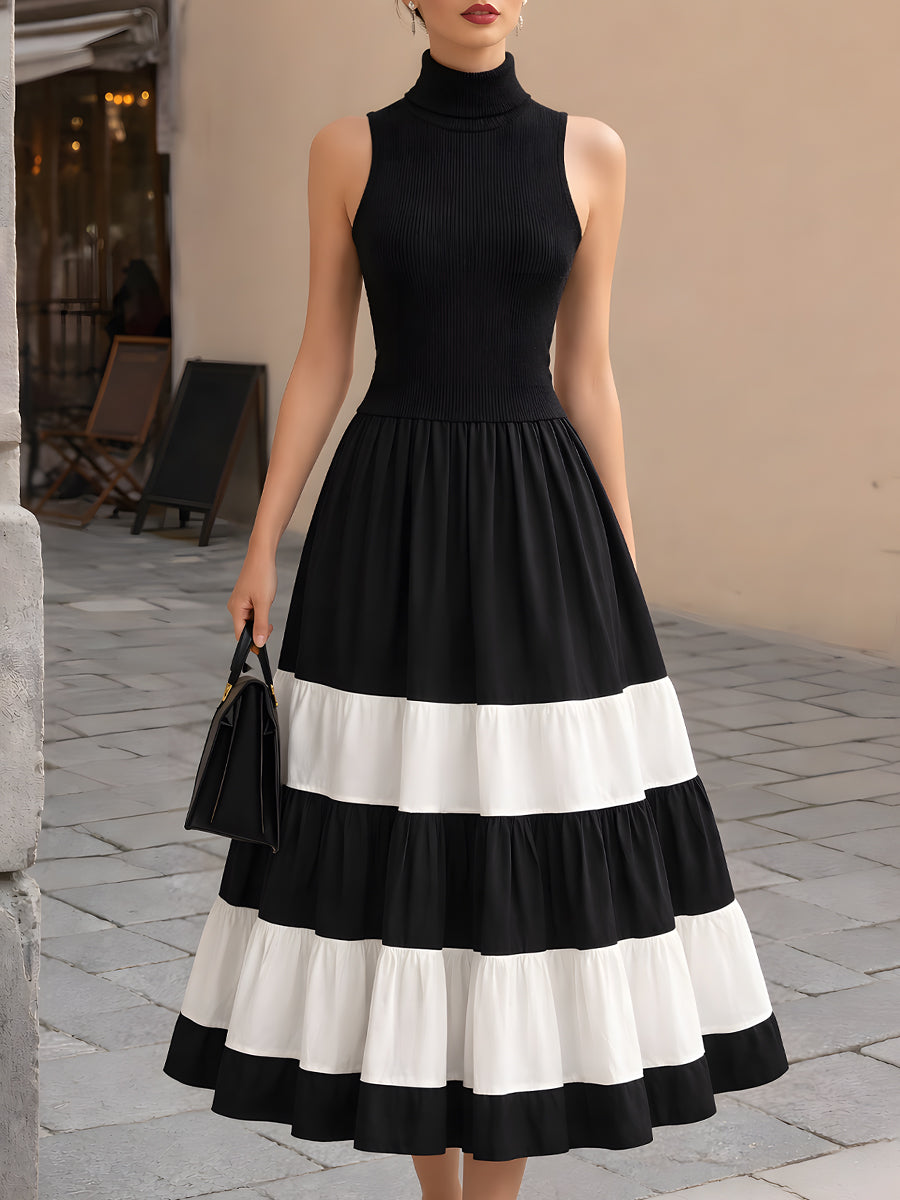 Muse & Valeur | High-Neck Ribbed Knit Contrast Tiered Maxi Dress
