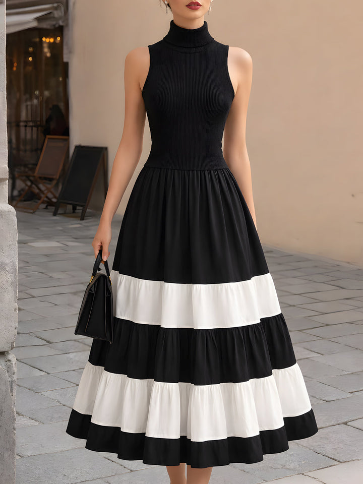 Muse & Valeur | High-Neck Ribbed Knit Contrast Tiered Maxi Dress
