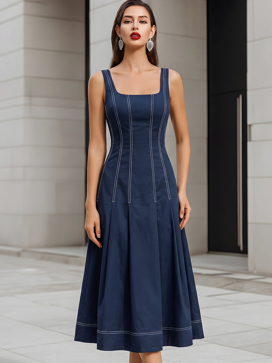 Muse & Valeur | Contrast Stitch Sleeveless Square Neck Midi Fit-and-Flare Dress