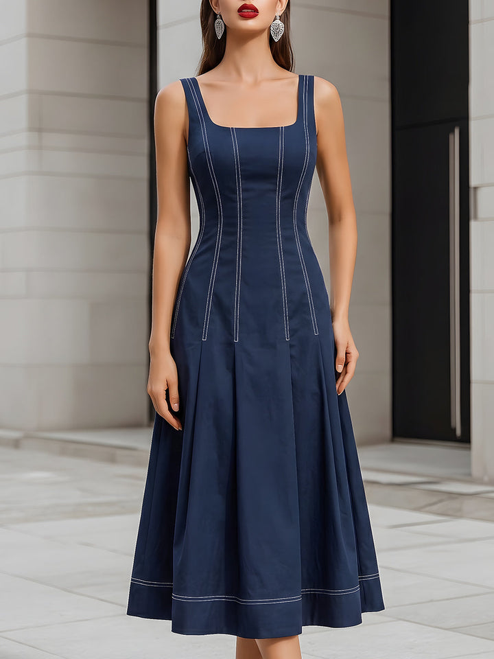 Muse & Valeur | Contrast Stitch Sleeveless Square Neck Midi Fit-and-Flare Dress