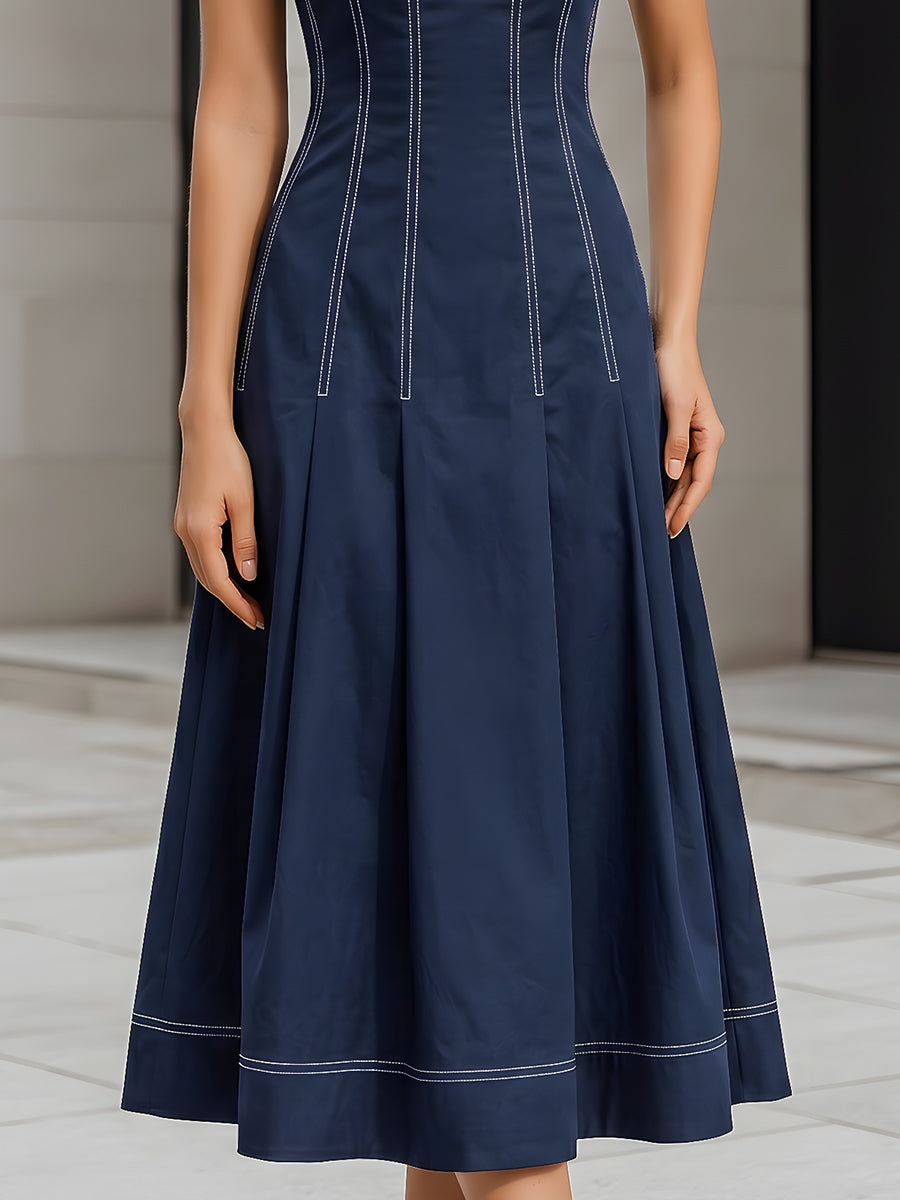 Muse & Valeur | Contrast Stitch Sleeveless Square Neck Midi Fit-and-Flare Dress