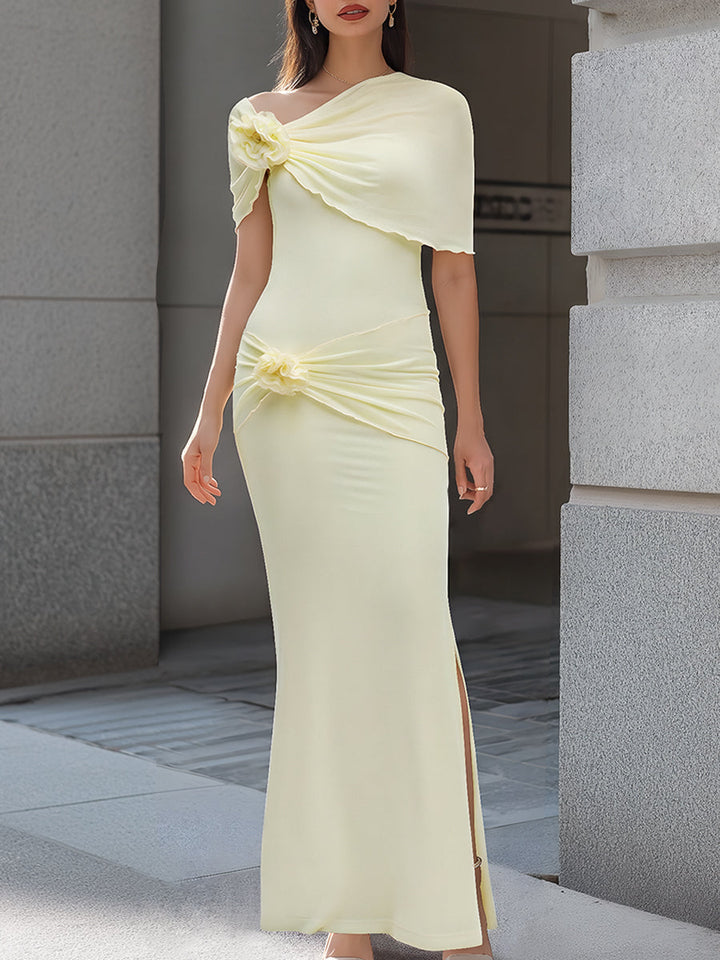 Muse & Valeur | One-Shoulder Floral Draped Bodycon Maxi Dress