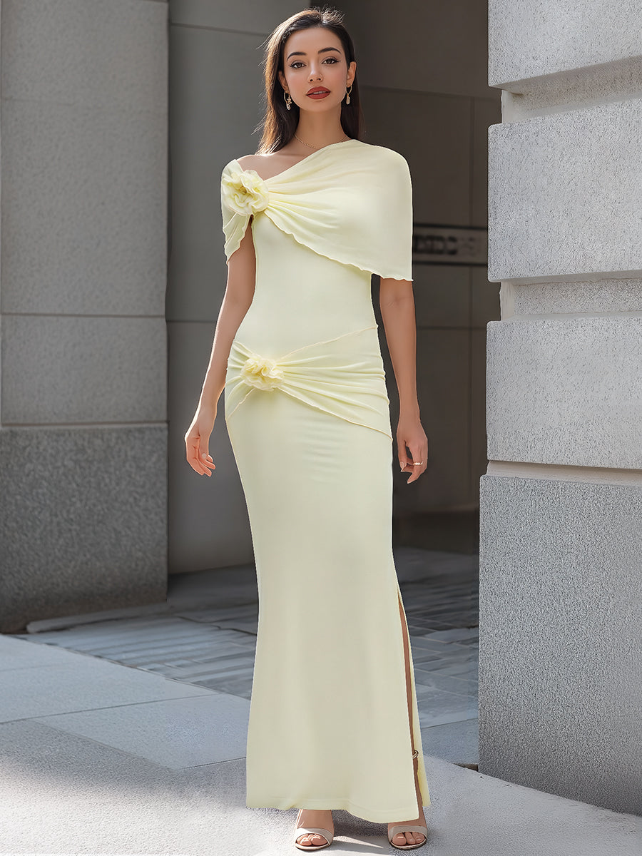 Muse & Valeur | One-Shoulder Floral Draped Bodycon Maxi Dress
