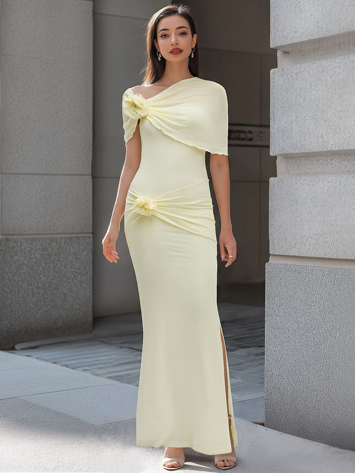 Muse & Valeur | One-Shoulder Floral Draped Bodycon Maxi Dress