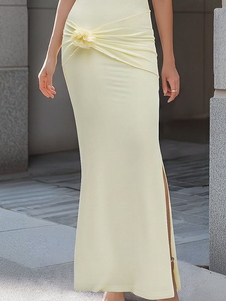 Muse & Valeur | One-Shoulder Floral Draped Bodycon Maxi Dress
