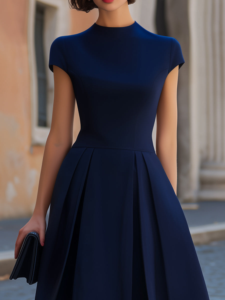 Muse & Valeur | Navy Blue High Neck Cap Sleeve Inverted Pleat A-Line Midi Dress