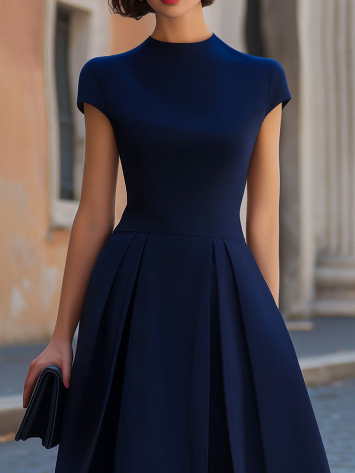 Muse & Valeur | Navy Blue High Neck Cap Sleeve Inverted Pleat A-Line Midi Dress