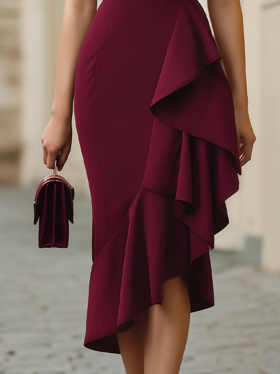 Muse & Valeur | Burgundy Off-the-Shoulder Asymmetric Ruffle Bodycon Midi Dress