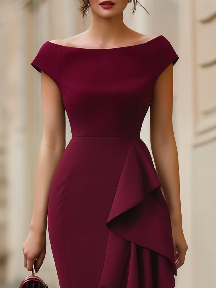 Muse & Valeur | Burgundy Off-the-Shoulder Asymmetric Ruffle Bodycon Midi Dress