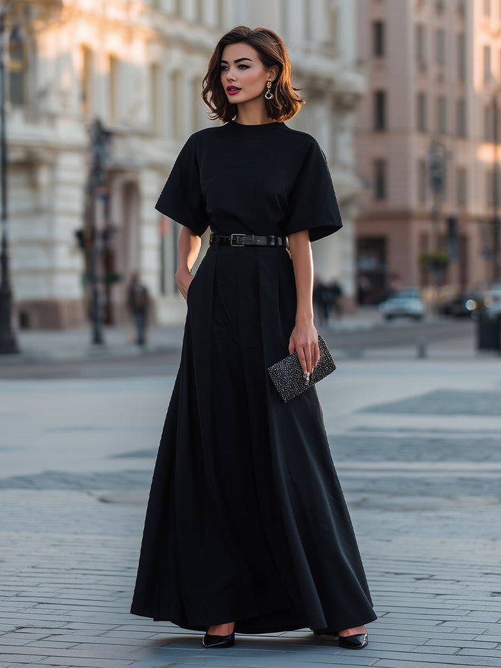 Muse & Valeur | Round Neck Short Sleeve Belted A-Line Maxi Dress