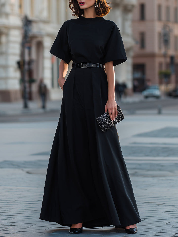 Muse & Valeur | Round Neck Short Sleeve Belted A-Line Maxi Dress