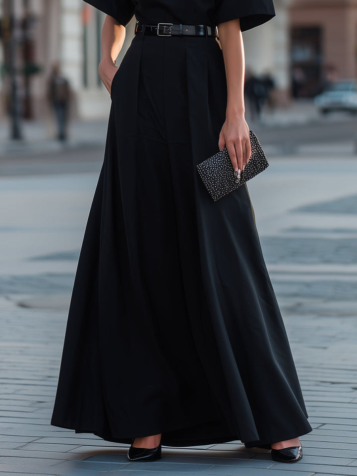 Muse & Valeur | Round Neck Short Sleeve Belted A-Line Maxi Dress
