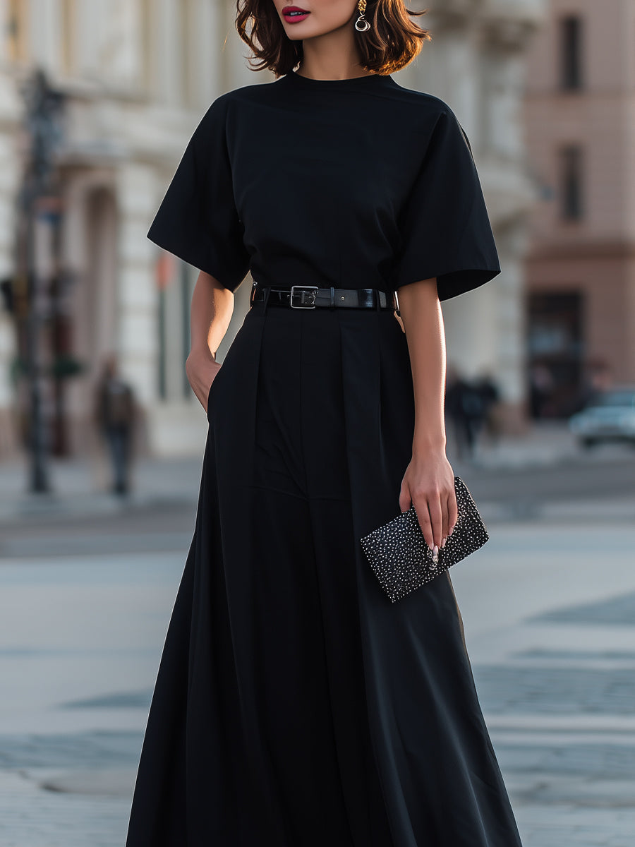 Muse & Valeur | Round Neck Short Sleeve Belted A-Line Maxi Dress