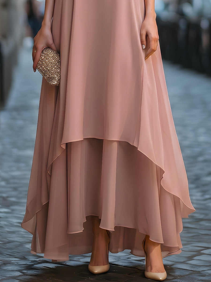 Muse & Valeur | Layered High-Low Flowing Cape Maxi Dress