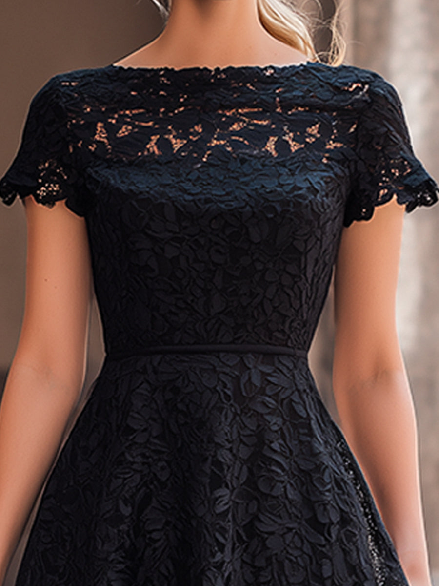 Muse & Valeur | Elegant Floral Lace Boat Neck A-Line Midi Dress