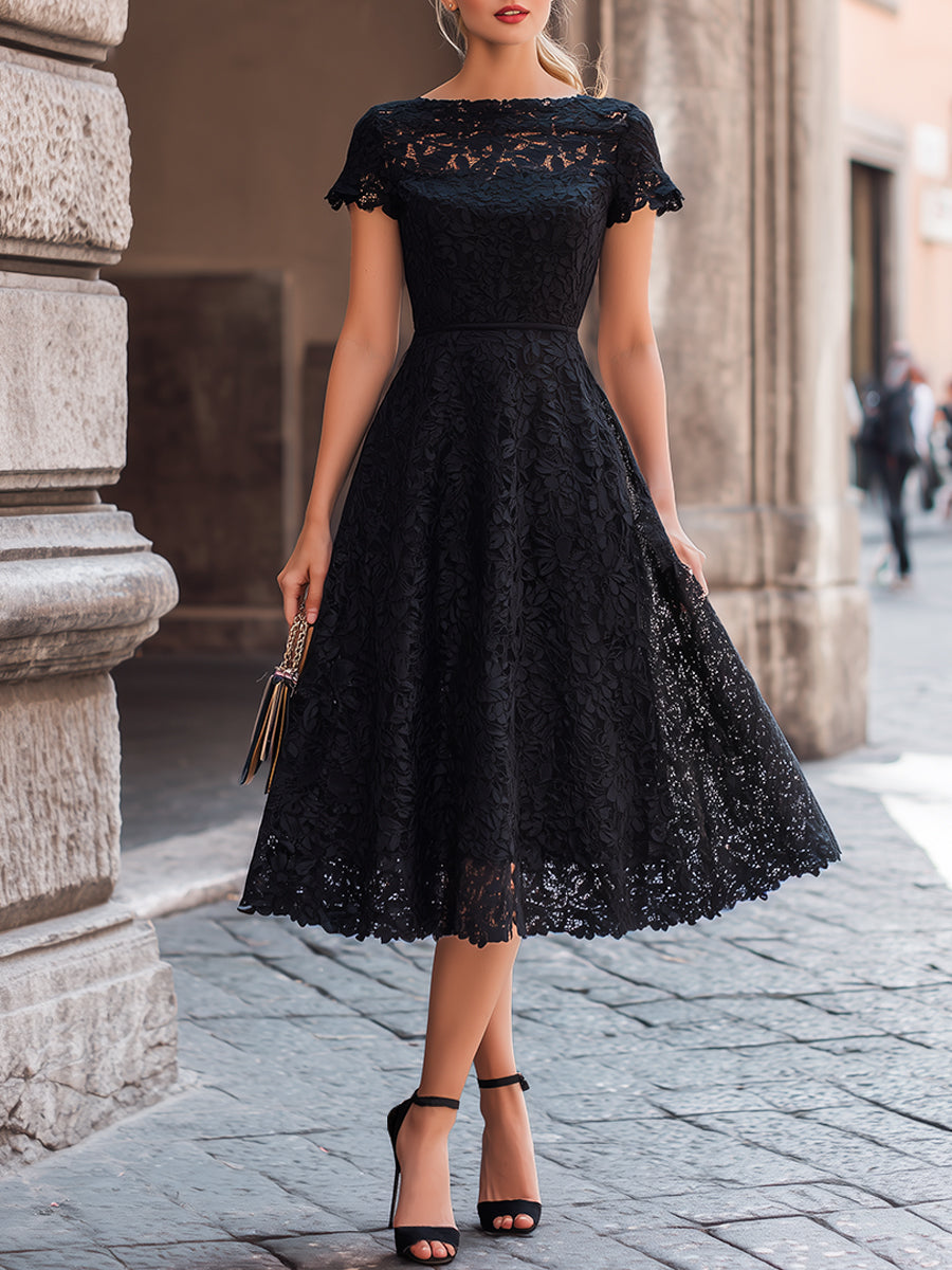 Muse & Valeur | Elegant Floral Lace Boat Neck A-Line Midi Dress