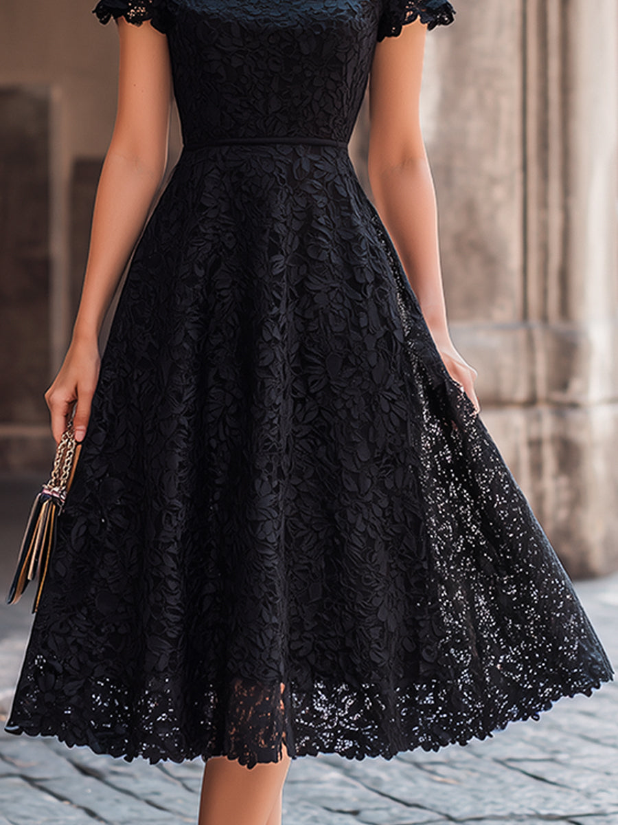 Muse & Valeur | Elegant Floral Lace Boat Neck A-Line Midi Dress