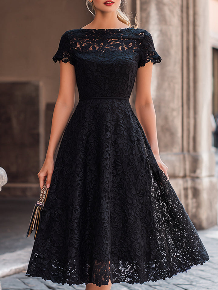 Muse & Valeur | Elegant Floral Lace Boat Neck A-Line Midi Dress