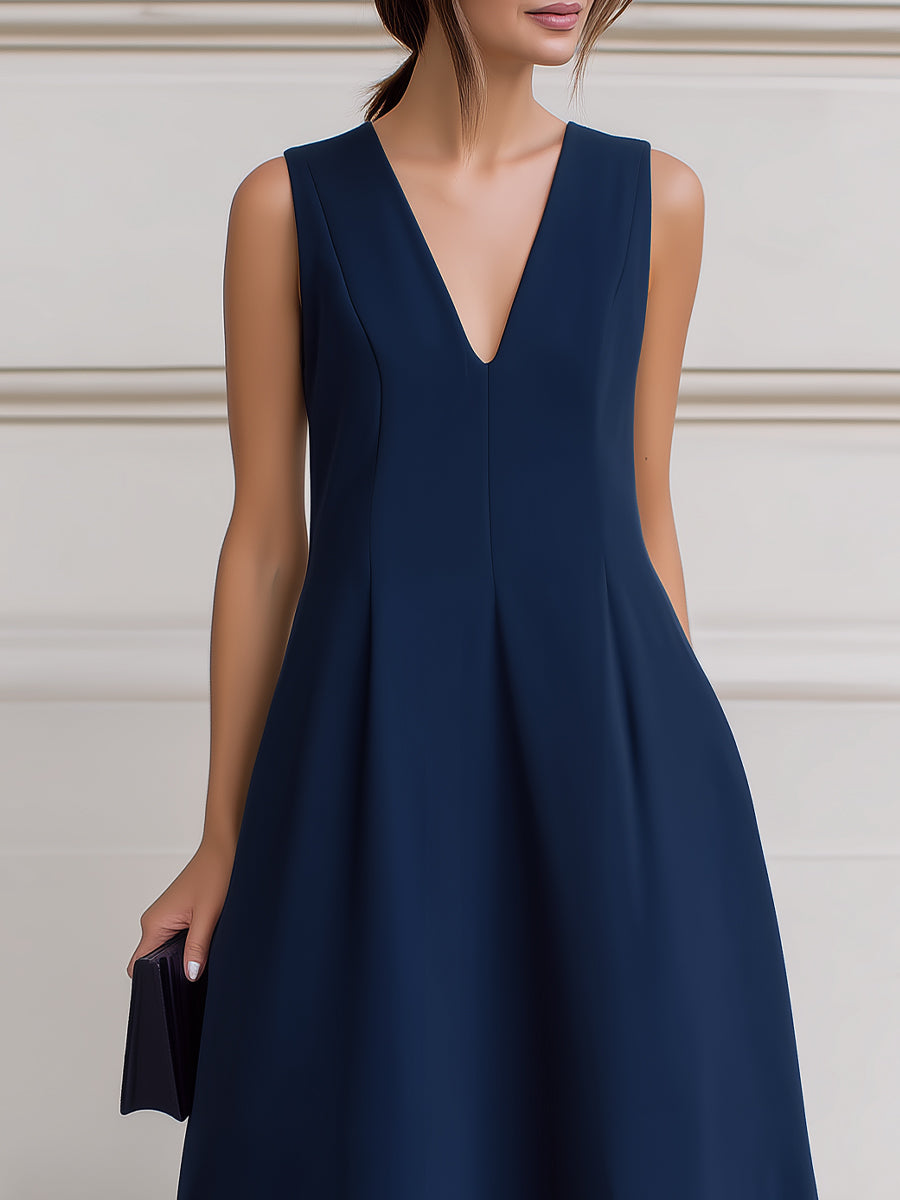 Muse & Valeur | Sleeveless Deep V-Neck Inverted Pleat A-Line Midi Dress