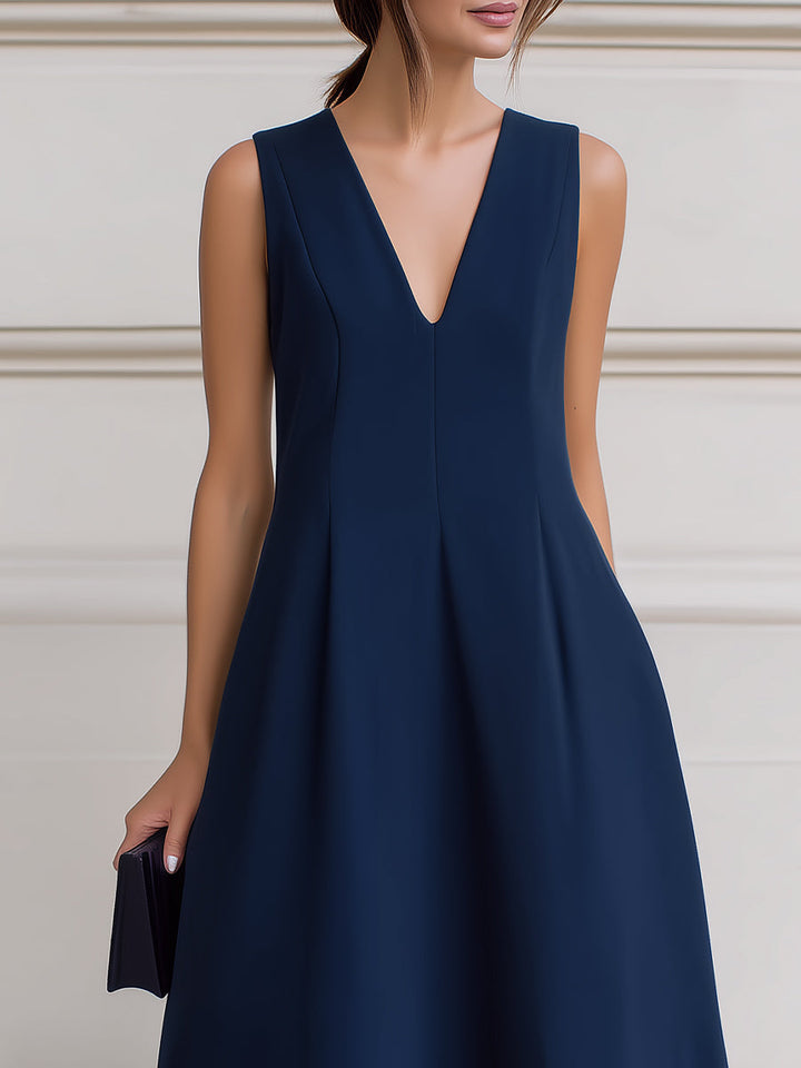 Muse & Valeur | Sleeveless Deep V-Neck Inverted Pleat A-Line Midi Dress