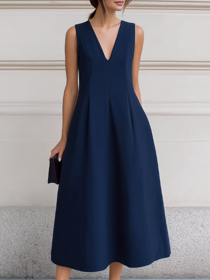 Muse & Valeur | Sleeveless Deep V-Neck Inverted Pleat A-Line Midi Dress