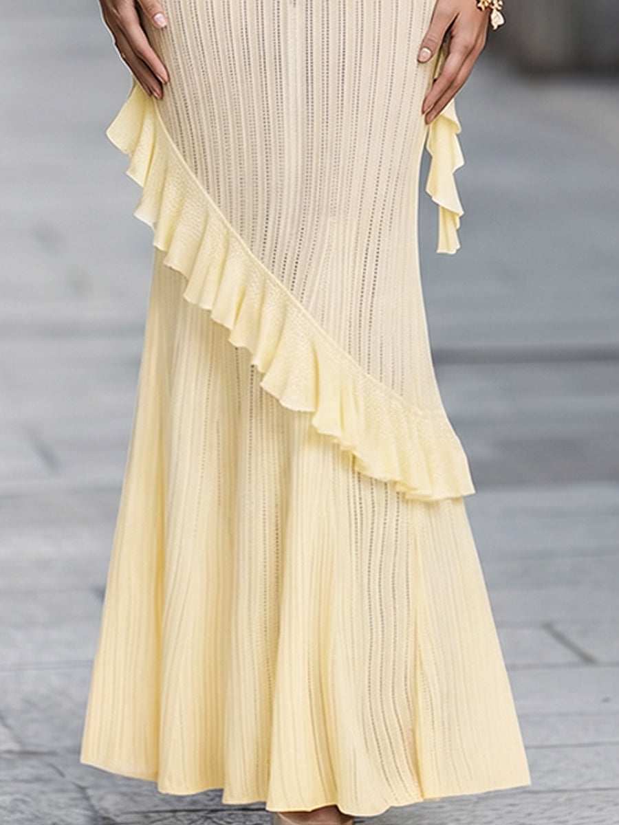 Muse & Valeur | Ruffled Cold-Shoulder Knit Bodycon Midi Dress