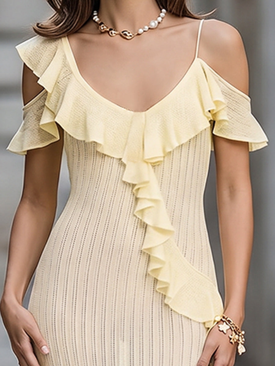 Muse & Valeur | Ruffled Cold-Shoulder Knit Bodycon Midi Dress