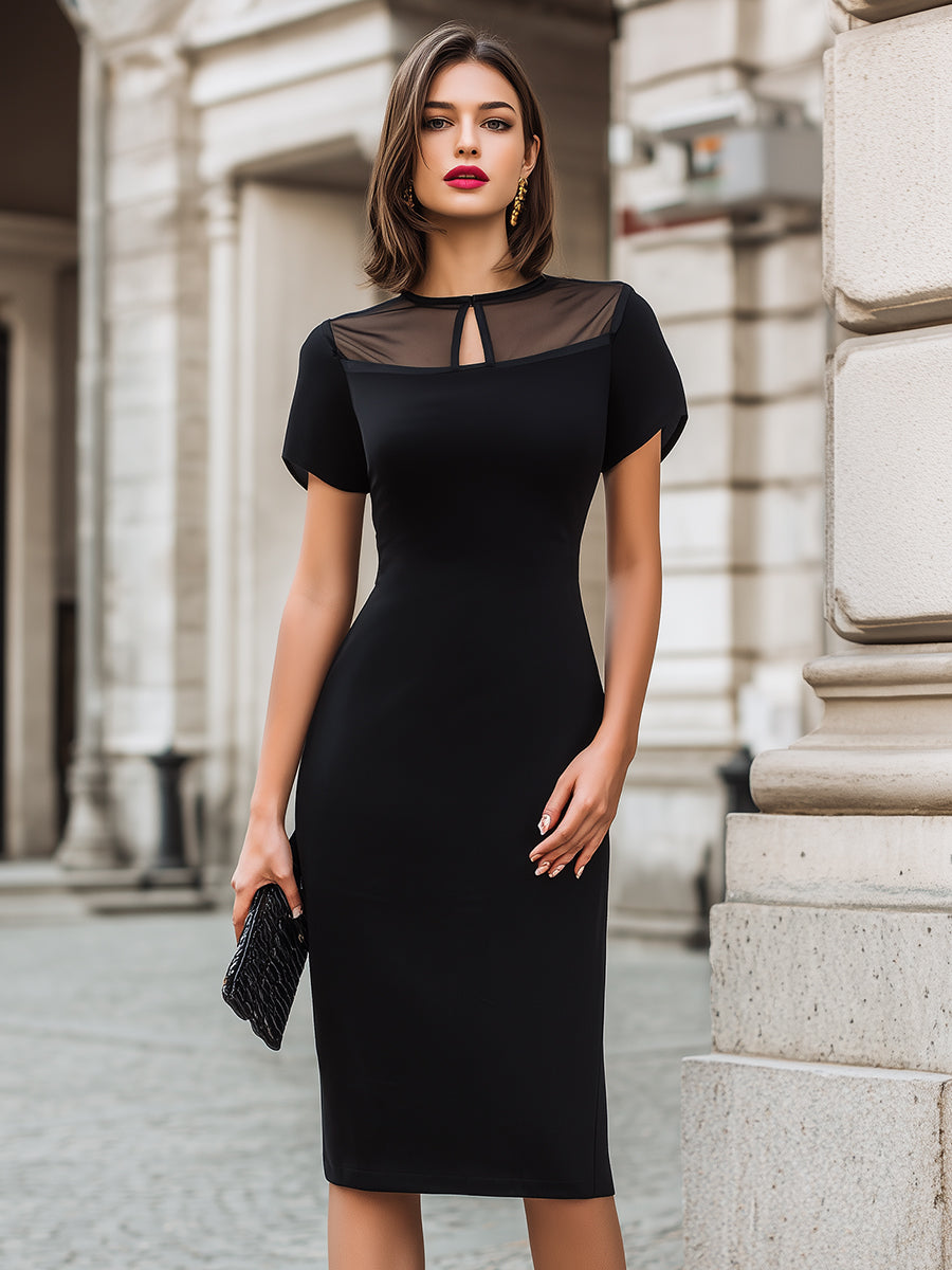 Muse & Valeur | Sheer Panel Keyhole Neckline Short Sleeve Sheath Dress