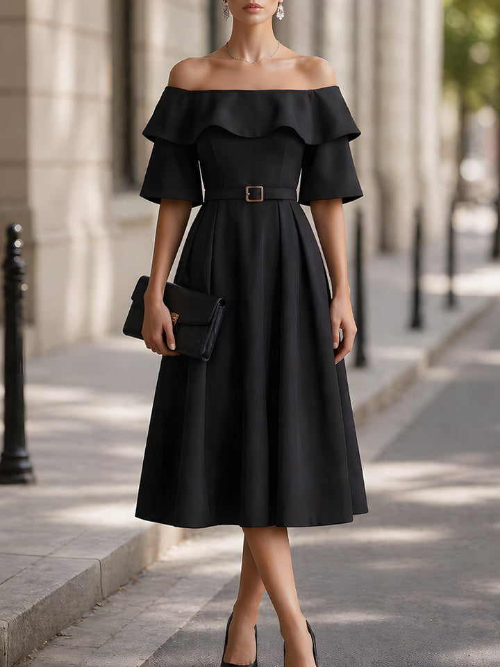 Muse & Valeur | Off-Shoulder Belted Ruffle Sleeve A-Line Midi Dress