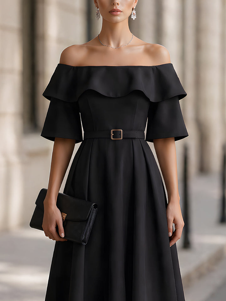 Muse & Valeur | Off-Shoulder Belted Ruffle Sleeve A-Line Midi Dress
