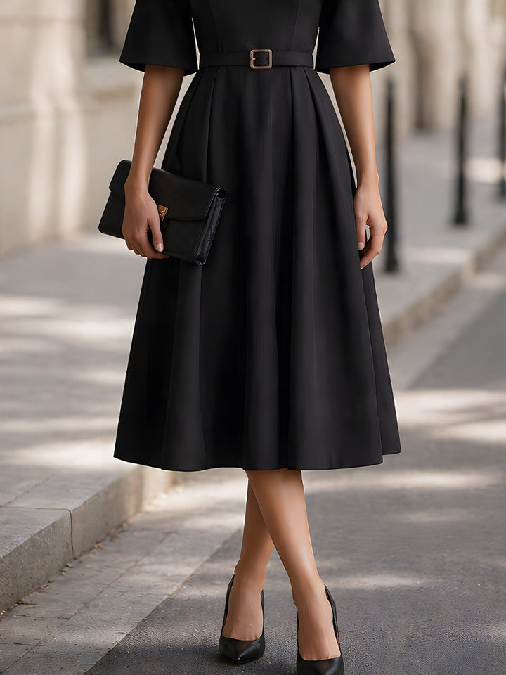 Muse & Valeur | Off-Shoulder Belted Ruffle Sleeve A-Line Midi Dress