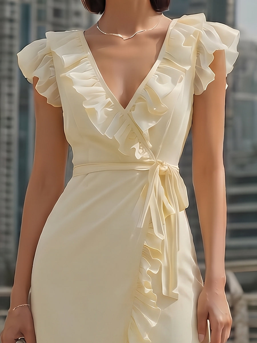 Muse & Valeur | Chiffon Ruffled Wrap Midi Dress