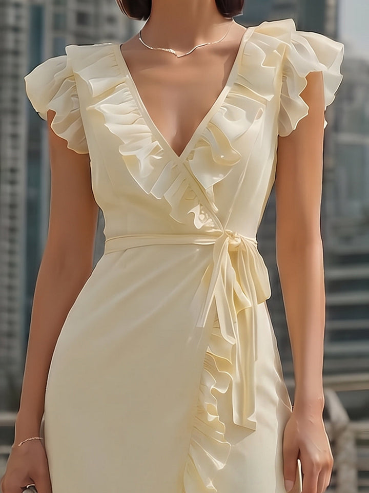 Muse & Valeur | Chiffon Ruffled Wrap Midi Dress