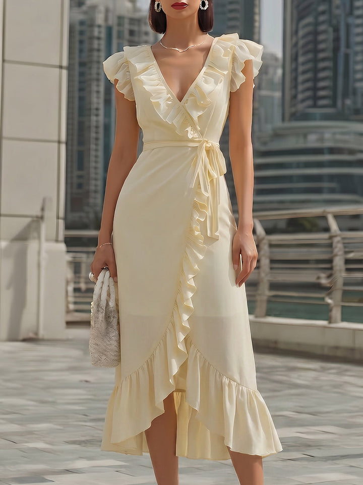 Muse & Valeur | Chiffon Ruffled Wrap Midi Dress
