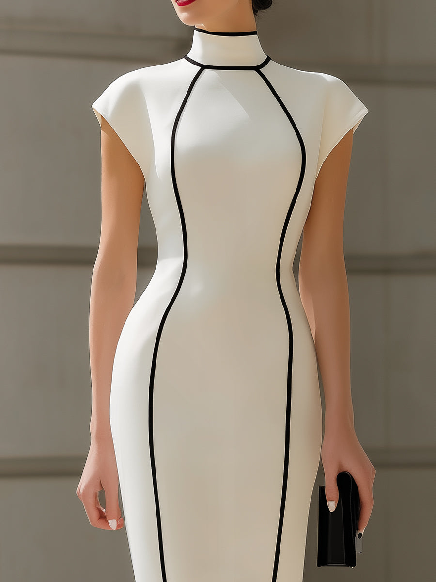 Muse & Valeur | High-Neck Black Piping Cap-Sleeve Bodycon Midi Dress
