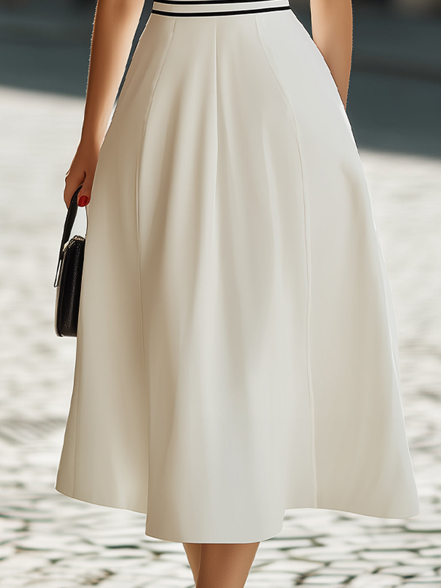Muse & Valeur | Deep V-Neck Black Trim Short-Sleeve A-Line Midi Dress