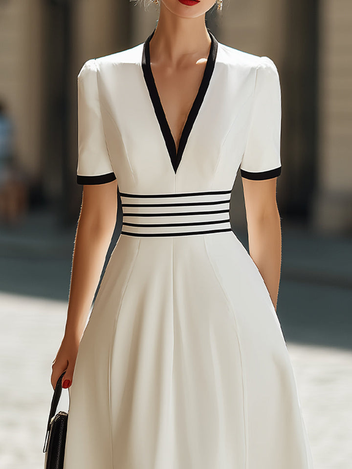 Muse & Valeur | Deep V-Neck Black Trim Short-Sleeve A-Line Midi Dress