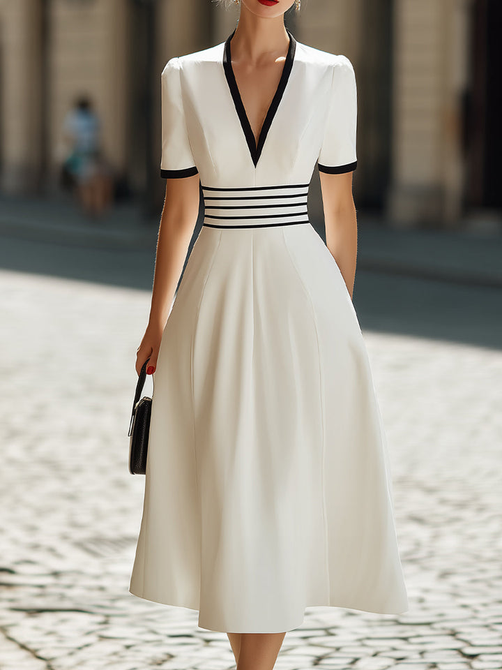Muse & Valeur | Deep V-Neck Black Trim Short-Sleeve A-Line Midi Dress