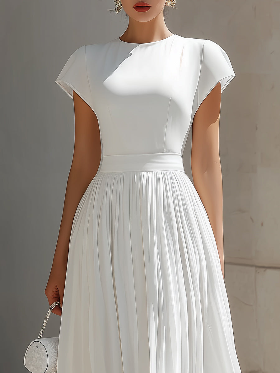 Muse & Valeur | Round Neck Cap Sleeve Pleated Chiffon Waisted Maxi Dress