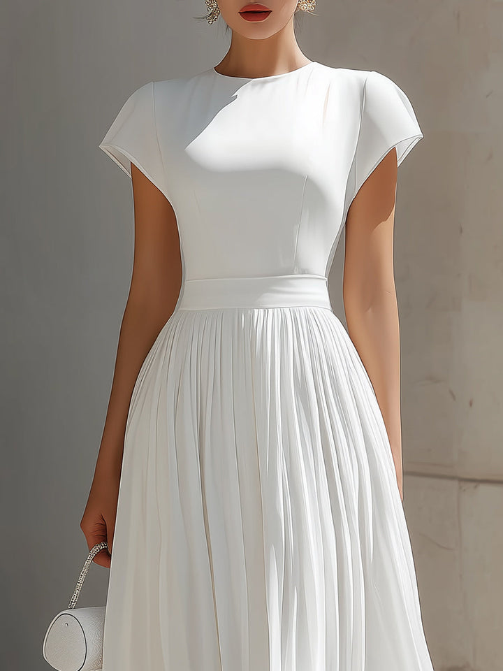 Muse & Valeur | Round Neck Cap Sleeve Pleated Chiffon Waisted Maxi Dress