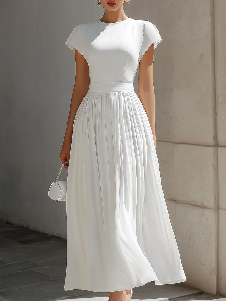 Muse & Valeur | Round Neck Cap Sleeve Pleated Chiffon Waisted Maxi Dress