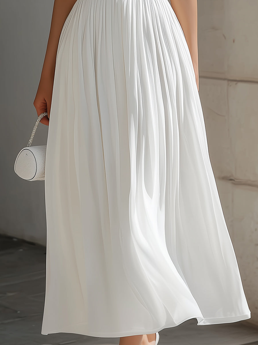 Muse & Valeur | Round Neck Cap Sleeve Pleated Chiffon Waisted Maxi Dress