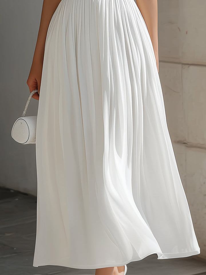 Muse & Valeur | Round Neck Cap Sleeve Pleated Chiffon Waisted Maxi Dress