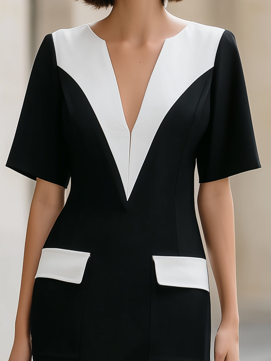 Muse & Valeur | Color-Block V-Neck Short Sleeve Bodycon Mini Dress