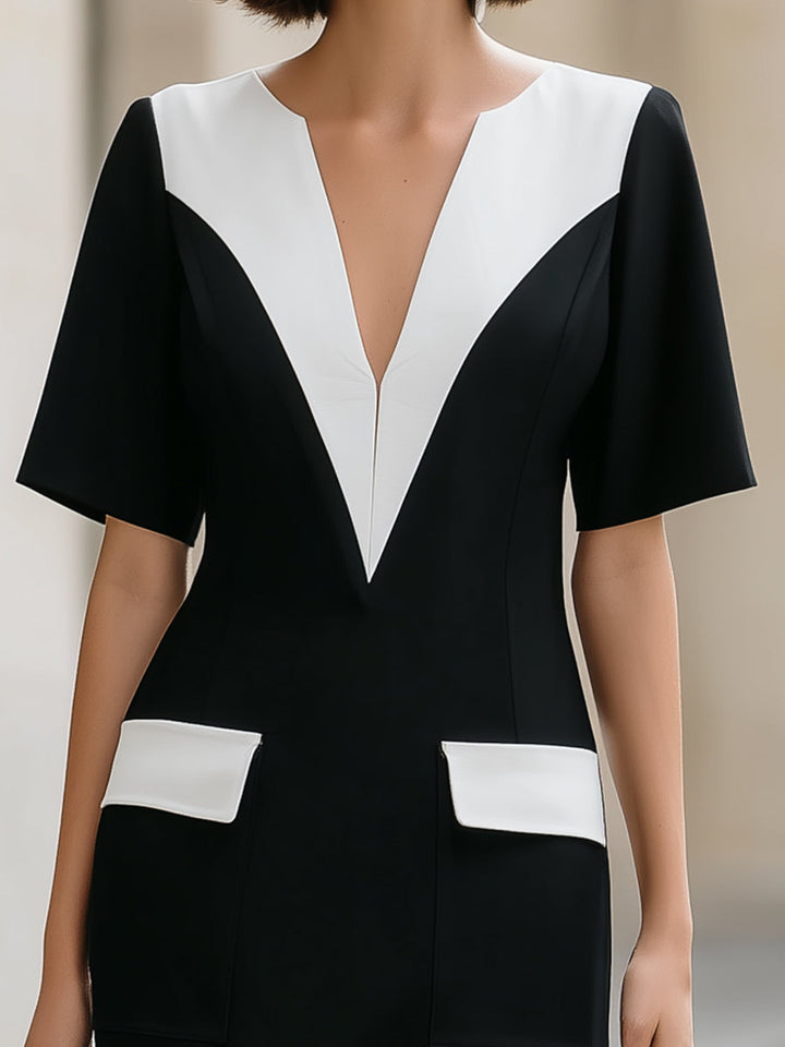 Muse & Valeur | Color-Block V-Neck Short Sleeve Bodycon Mini Dress
