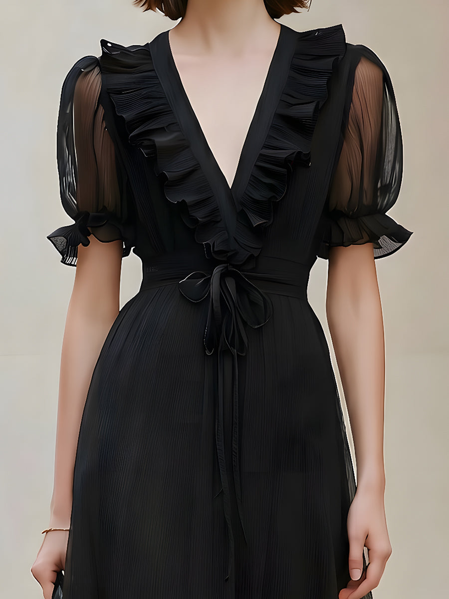 Muse & Valeur | Sheer Chiffon Ruffled V-Neck Midi Dress